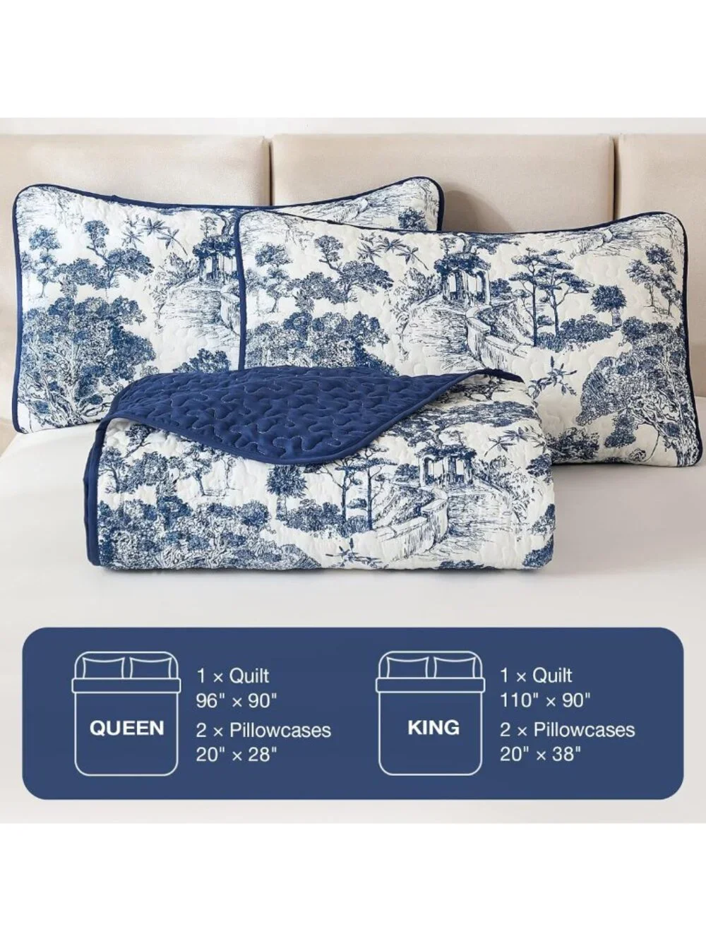 Botanical Floral Quilt Set King Size - Navy Blue Bedspread for Cozy Bedroom